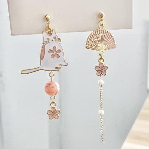 Chinese Style Asymmetrical Fan Birds Tassel Dangle Earrings for Women Fashion Enamel Cat Rabbit Moon Cute Girls Party Jewelry