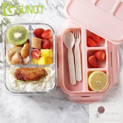 GUNOT Glass Lunch Box Microwavable Bento Box Silica Gel Lid Compartments Leakproof Food Storage Container For Food Snack