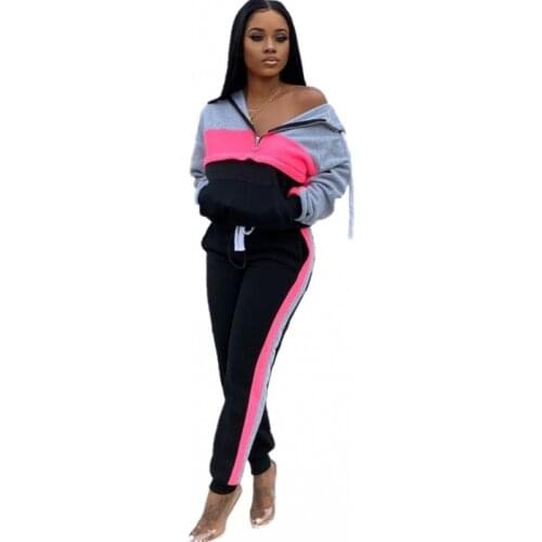 2 Piece Suits Colorful Patchwork Zipper Hoodies And Pants For Women Two Piece Set Autumn Fashion Loose Tracksuit Leisure Outfits