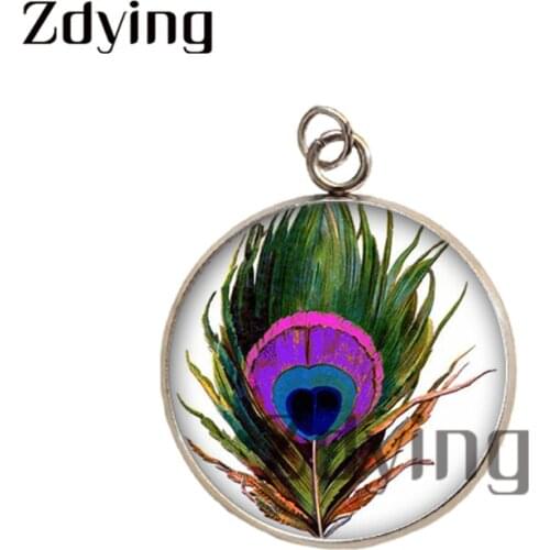 Zdying Retro Round Stainless Steel Peacock Feather Pendant Glass Photo Cabochon Charm for DIY Jewelry Making Accessories FE030