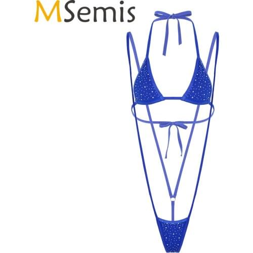 MSemis Womens Glitter Rhinestone Lingerie Bikinis Set Lace-up Swimwear Bikini Sets Halter Neck Bra with G-string Thongs Bodysuit