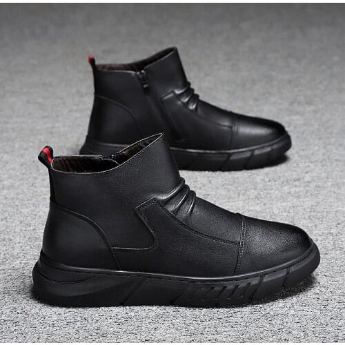 Mens Leather Boots Autumn 2021 New Mens Shoes Chelsea Boots Mens Low-top Black Snow Boots Mens Plus Cashmere Warm