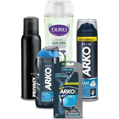 Arko Men Shaving Kit 5 Piece Privacy Deodorant Micellar Aloevera Shower Gel Shaving Foam Shaving Knife Shave Cologne Men Care