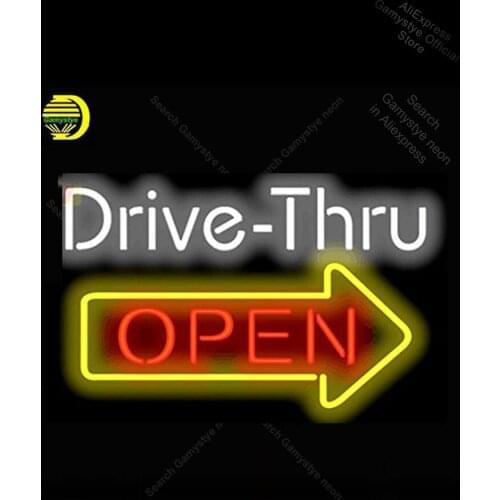 NEON SIGN For Drive Thru OPEN Right Arrow NEON Bulbs Lamp GLASS Tube Glass Neon Metal Signs Garage neon signs for home Bar Neon