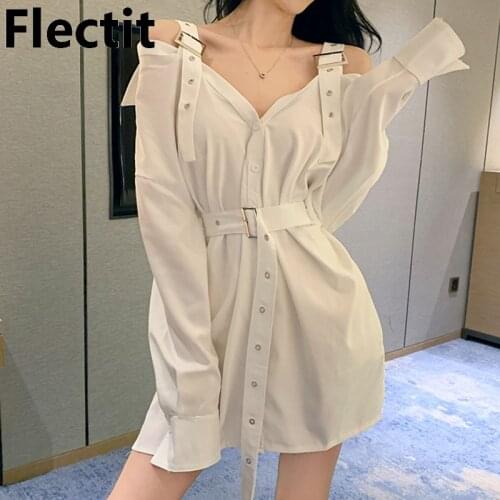 Flectit Punk Style Black Mini Dress With Belt Button Down Long Sleeve Eyelet-Strap Off Shoulder Shirt Dress Cool Harajuku Outfit
