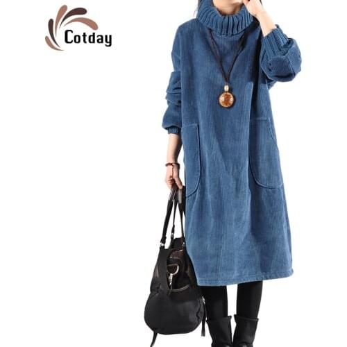 Cotday Fleece-lined Turtleneck Thick Blue Lady 2020 New Largesized Lazy Women Winter Loose Corduroy Casual Pullovers Dress