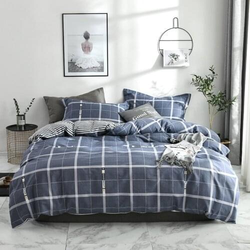 2021 Four-piece bedding simple cotton double household bed sheet quilt cover thickening sanding dormitory bed sheetp blue plaid