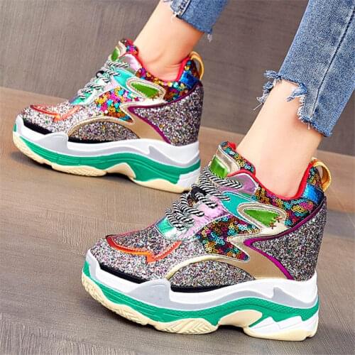 Party Fashion Sneakers Womens Cow Leather Platform Wedge Ankle Boots Shiny Glitter Bling Bling Creepers Lace Up Round Toe Shoes