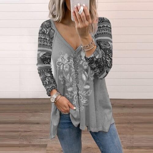 Autumn New Harajuku Street Retro Print Blouse Women Casual Loose Long Sleeve Tops 2021 Lady Spring Elegant V-Neck Button Shirts