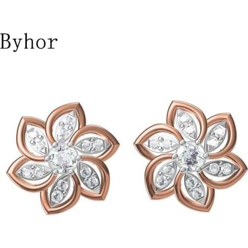 Byhor Solid 14K White/Yellow+White/Rose+White Gold 0.412ct H/SI Natural Diamonds Flower Stud Earrings Women Cерьги Fine Jewelry