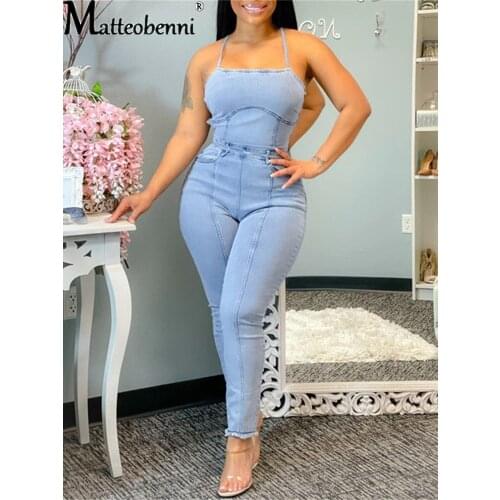 2021 Women Fashion Slim Open Back Bandage Denim Jumpsuit Women Baggy Denim Full Length Overall Summer Sleeveless Bodycon Romper