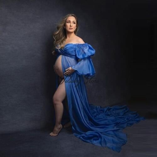 Royal Blue Chiffon Front Open Long Dresses Maternity Women For Photo Shoot Elastic Off Shoulder robes Long Sleeve Paryy Dress