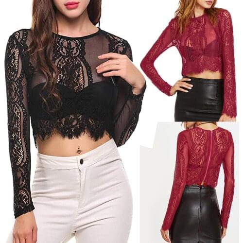 Tiper Sheer Mesh Crop Shirt Sexy Soild Ong Sleeve Short Tunic Tops Floral Lace Summer Casual Blouse Women Elegant Блузка Женская