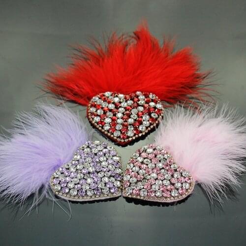 Rhinestones beaded feather heart brooch patches applique sew on beading qpplique clothes shoes bags decoration patch DIY