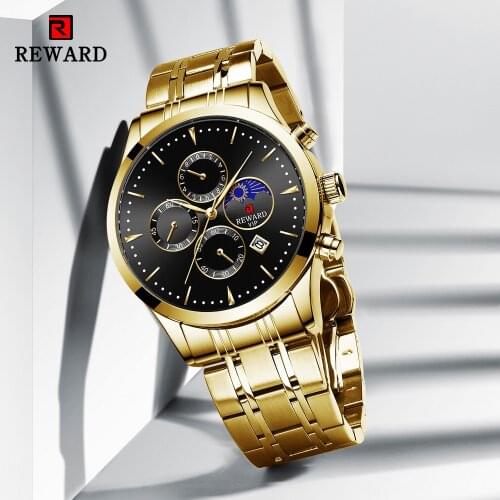 REWARD 2021 New Fashion Men Watches Top Luxury Brand Gold Stainless Steel Quartz Watch Casual Sport Waterproof Mens Wristwatch