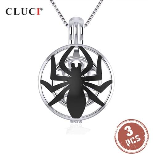 CLUCI 3pcs Silver 925 Halloween Pendant Silver 925 Women Necklace Jewelry Black Widow Spider Shaped Pendant Pearl Locket SC320SB