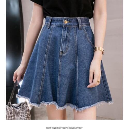 Denim short skirt 2021 spring and summer new high waist loose a-line stitching student plus size womens clothing