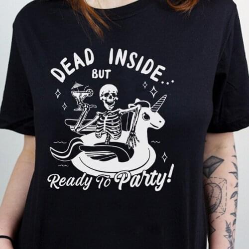 Unisex Skeleton Dead Inside Gothic T Shirt Short Sleeve Margarita Wine Funny T-shirt Women Summer Cute Graphic Tees Goth Top