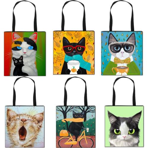 Illustration Cartoon Cat Print Handbags For Women Girls Portable Shopping Bags Canvas Tote Bag Pouch shoulder bag Gift