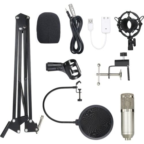 BM800 Condenser Microphone Lit Pro Adjustable Mic Suspension Scissor Arm Pop Filter for Audio Studio Recording Broadcasting