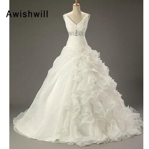 Fashion V-neck Wedding Dresses for Bride Beaded Ruffles Organza Ball Gown Wedding Bridal Gowns Lace-up Back Robe de Mariee