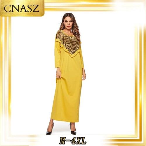 Muslim Dress Vetement Femme 2019 Robes Middle Yellow Knit Stitching Velvet Long Sleeve Dress
