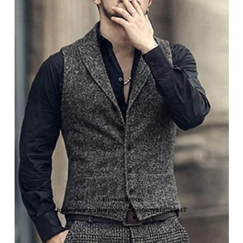 Mens Suit Vests Retro Style Wool Herringbone Formal Business Vest Waistcoat Groomsmen Slim Fit Vest For Wedding Homme Gilet