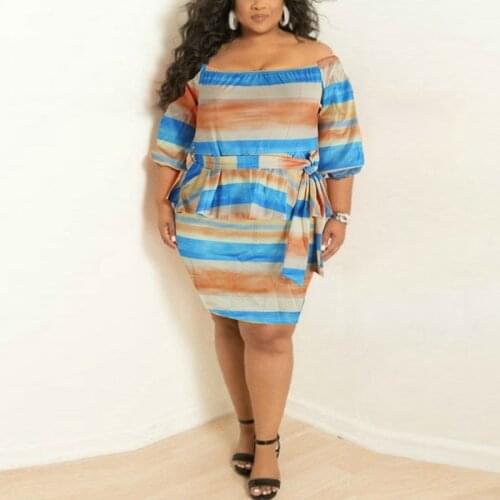 New2021 Womens Plus Size Mini Dress 6XL-9XL Fashion Womens Round Neck Five-point Sleeve Bowknot Slim Color Striped Dress