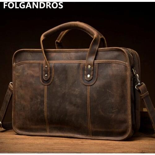 Mens Genuine Leather Briefcases Male Handmade Vintage Large Capacity Business Cowhide Laptop Computer Document Briefcase Bolsa