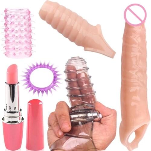 Penis Condom Sex Toy Condom Spikes Oversized Penis Cock Ring Soft Rubber Condom Sex Appeal Lipstick Jumping Egg Sex Toy Set