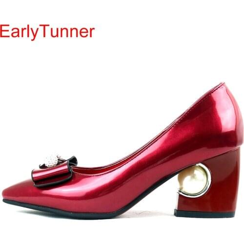 Sales Brand New Fashion Glossy Women Formal Pumps Beige Red Pink Black Sexy Lady Wedding Shoes EY6s Pearl Plus Big Size 12 31 48