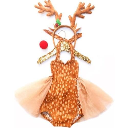 0-24M Infant Christmas Romper Toddler Mesh Patchwork Halter Deer Jumpsuit For Newborn Baby Girls Playsuit With Antler Hair Hoop