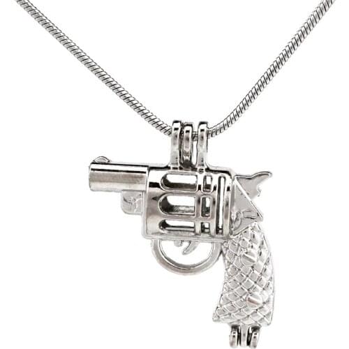 S-K11 Silver Handgun Shape Beads Cage Pendant Essential Oil Diffuser Pearl Cage Locket Stainless Snake Chain Necklace