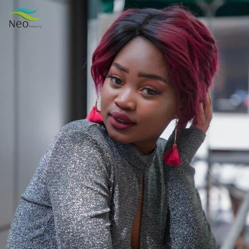 Ombre Burgundy Wavy Human Hair Wigs Lace Front Wavy Wig Short Brazilian Human Hair Wig Pixie Cut Cheap Wigs With Free Shipping