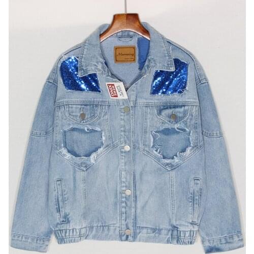 Holes Sequins Patch Design Denim Jacket Coat Women Student Outerwear Spring Plus size Loose Short Jeans Jacket Female Streetwear