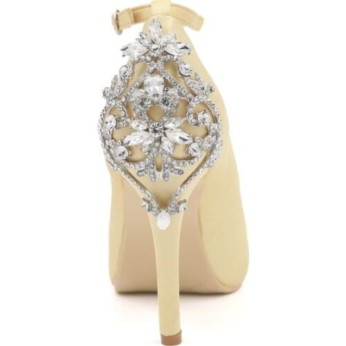 Only 1 pair - size 40 gold color lady satin evening dress shoes open toe ankle strap with crystal on heel platform bridal pumps