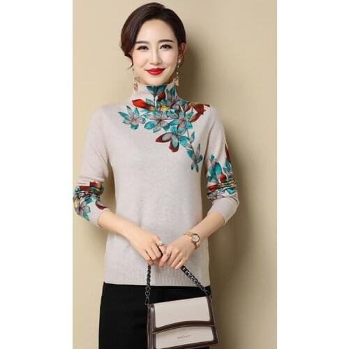 Women Cashmere Sweater Floral Printed Tops Ladies Vintage Printing Jumper Turtleneck Knitwear Long Sleeve Knit Blouses