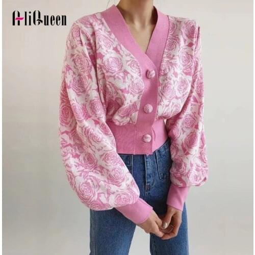 Vintage Black Flower Lantern Sleeve V Neck Women Cardigan Ladies Knitted Sweater Coat Autumn Single Breasted Cardigans Crop Tops