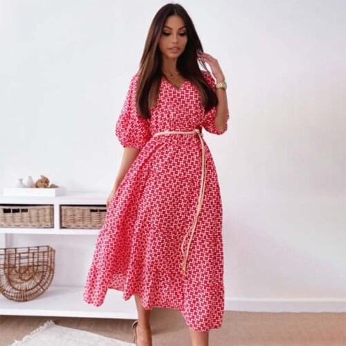 Summer Dress Women 2021 New Print Lantern Sleeve V-neck Big Swing Elegant Bandage Dress Casual Loose Beach Party Dress Vestido
