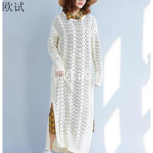 Plus Size Long Sleeve Knitted Sweater Dress Women Retro mesh sheer sexy Dresses white black sweaters Dress 2019 Autumn knitwear