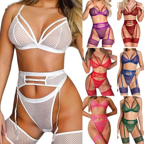 3pc Large Size High-waist Fishnet Lace Lingerie for Women Sexy Erotic Lingerie Dress Body Corset Bra Brief Garter Set Xmas Gift