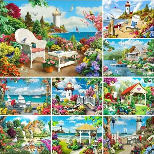 5D Full Square Round Diamond Painting Scenery Garden Diamond Mosaic Seaside Landscape Pictures Of Rhinestones Home Decor Gift