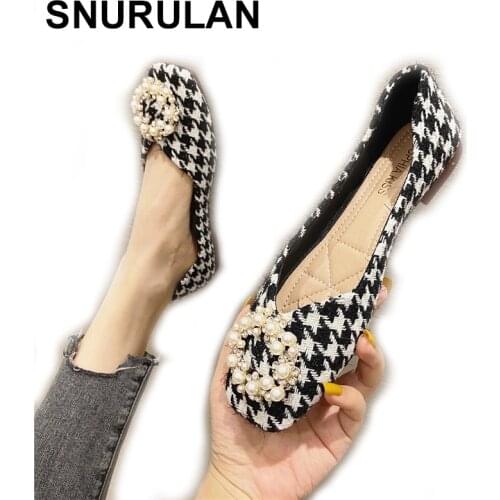 SNURULAN Ballet Flats Classic Shoes Women 2021 Spring Tweed Cloth Two Color Gingham String Bead Square Toe Flats Fashion Women