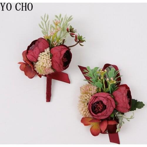 Red Silk Rose Flore Wedding Bridesmaids Wrist Bracelet Corsage Pin Brooch for Bridal Wedding Accessories Bestman Suit Boutoniere