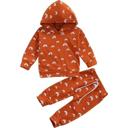 0-3Y Newborn Baby Boy Girl Rainbow Clothes Long Sleeve Hooded Pullover Tops Long Pant Trouser 2PCS Autumn Clothing Set