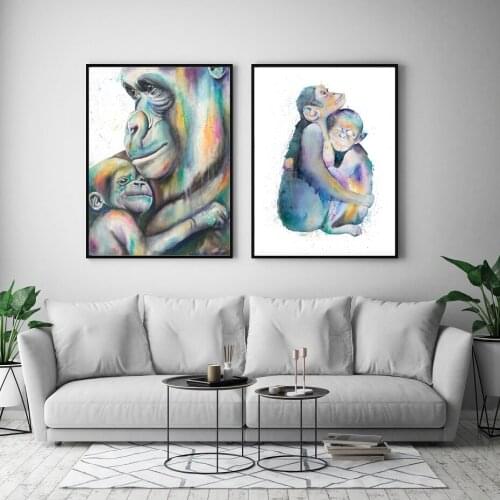 Colorful Water Color Mother and Baby Orangutan Family Posters Canvas Wall Art Animals Paintings Prints Living Room Home Decor