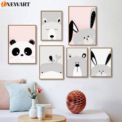 Cartoon Animal Canvas Painting for Kids Bedroom Kawaii Nursery Poster Print Baby Rabbit Bear Panda Wall Art Decorative Picture