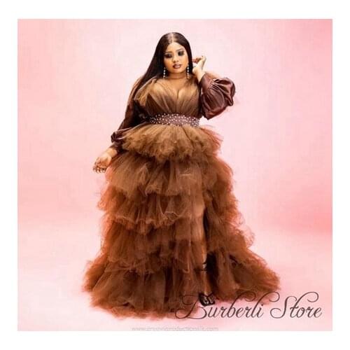 Brown Fluffy Tiered Tulle Evening Dress Plus Size robe de soiree longue Ruffles High Slit Formal Party Dresses Prom Gown Vestido