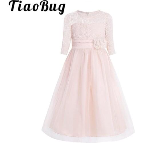Girls Floral Lace Mesh Half Sleeves Flower Girl Dress A-Line Tea-Length Princess Pageant Birthday Wedding Party Dress SZ 4-14