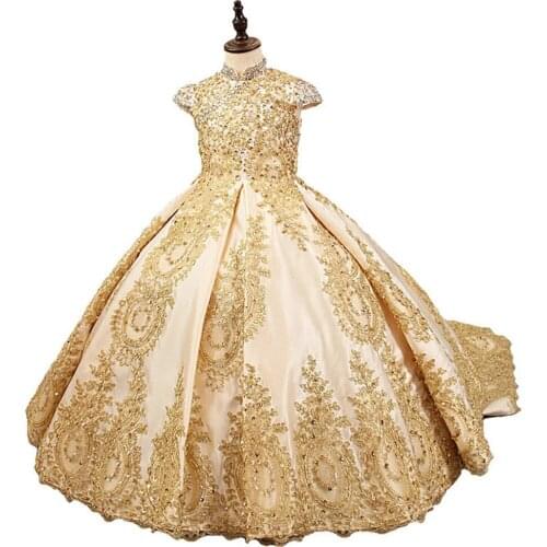 Sleeveless lace Appliques Holy Communion Dresses for girl Golden Beads Flower Girl Dresses For Wedding Fashionable Pageant Gown